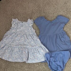 Kids Blue Floral Tiered Dress & Solid Blue Dress Set